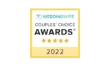 WeddingWire Couples' Choice Awards 2022 badge with five stars. The badge is yellow with a green WeddingWire logo.