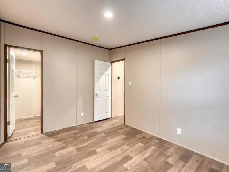 An empty room with light wood-look flooring, tan walls, a walk-in closet, and a white interior door.