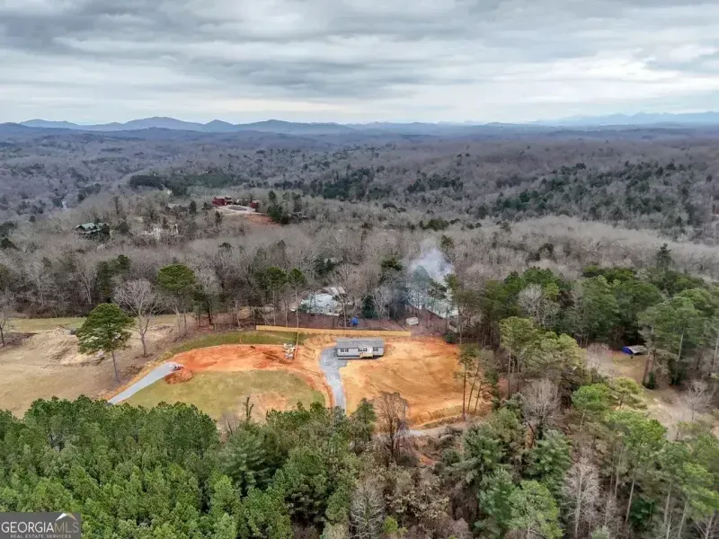 Aerial view of a clearing with a house and a long driveway surrounded by dense forest under a cloudy sky.