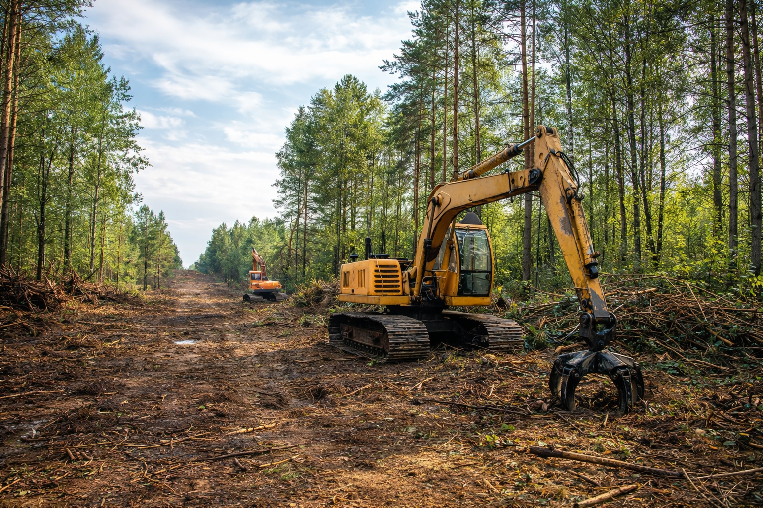 Yellow logging excavators clear a path through a dense pine forest, creating a corridor of disturbed earth.