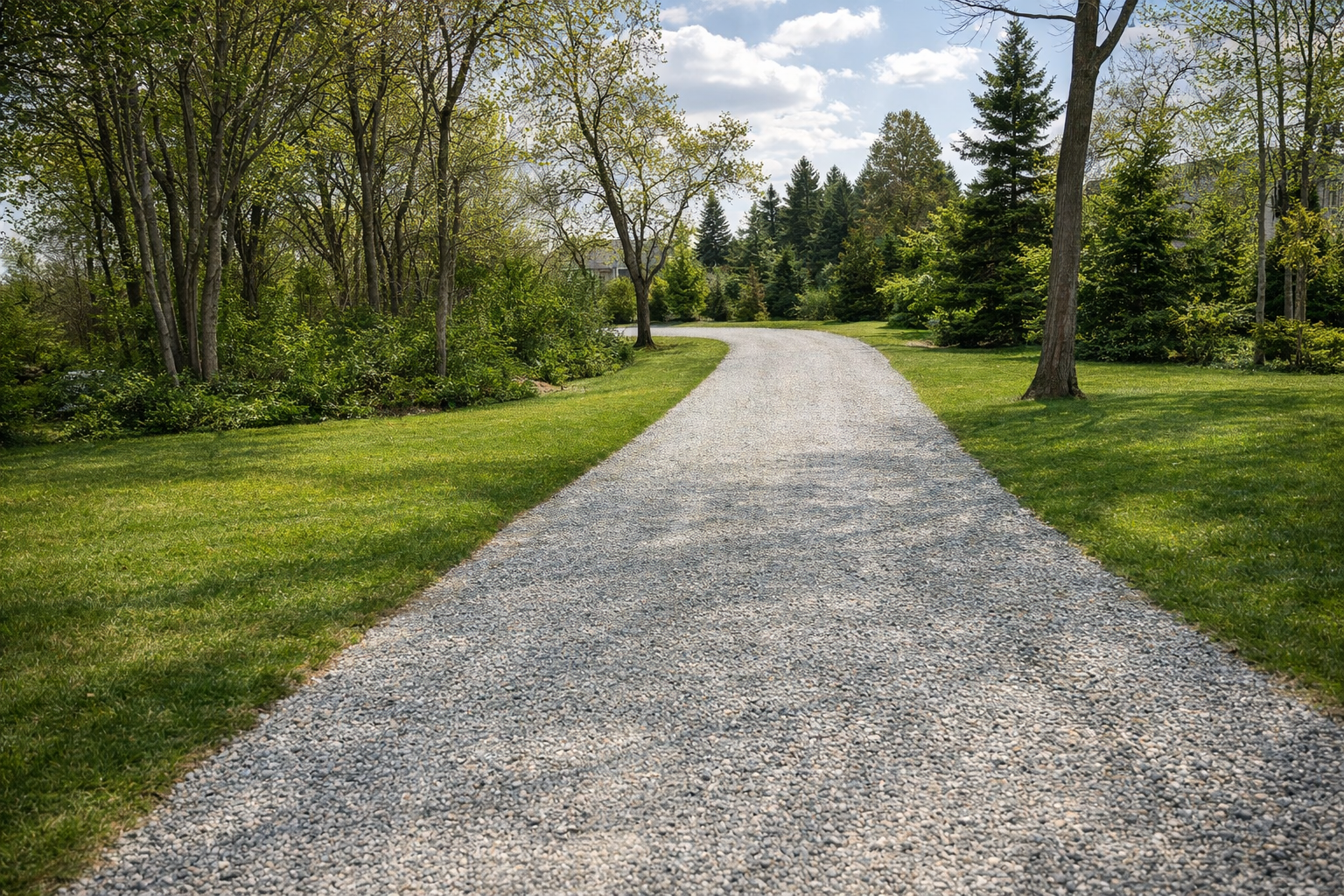 A gravel driveway winds through a grassy, tree-lined landscape under a bright, partly cloudy sky.