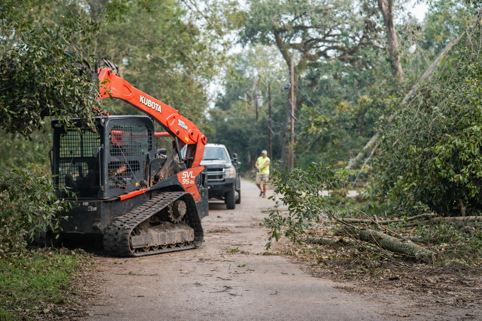An orange skid-steer loader parked on a debris-strewn road next to a pickup truck and a person standing in a wooded area.