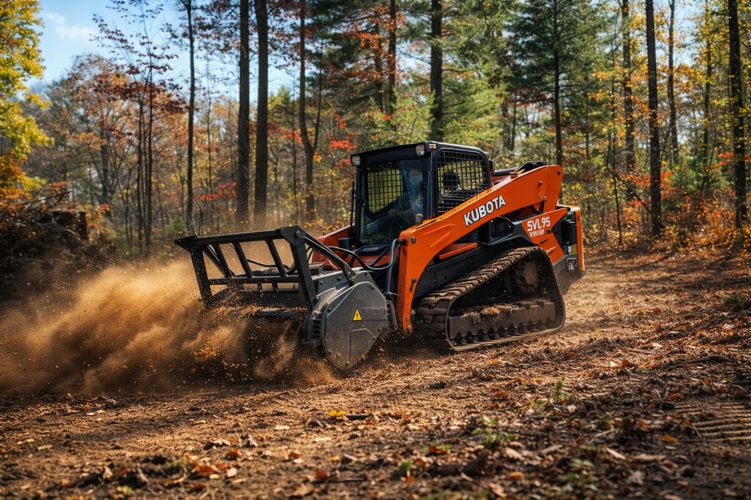 An orange tracked skid steer loader uses a mulcher attachment to clear debris in a forested area.