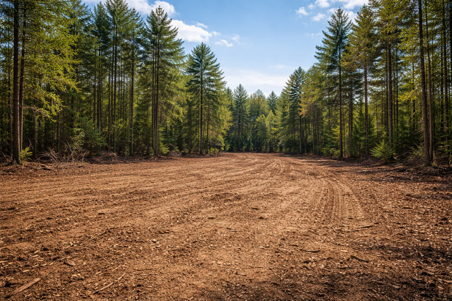 A clearing of bare, brown earth with visible tire tracks, surrounded by a dense forest of tall, green pine trees.