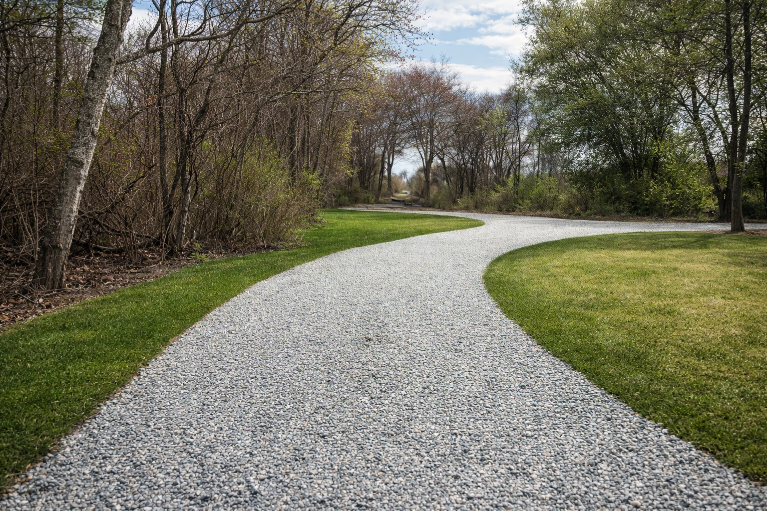 A gravel path winds through a green lawn toward a cluster of trees under a cloudy sky.