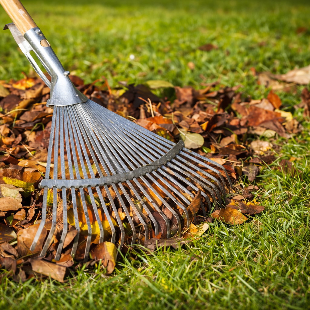 A metal rake collecting brown autumn leaves on a green grass lawn.