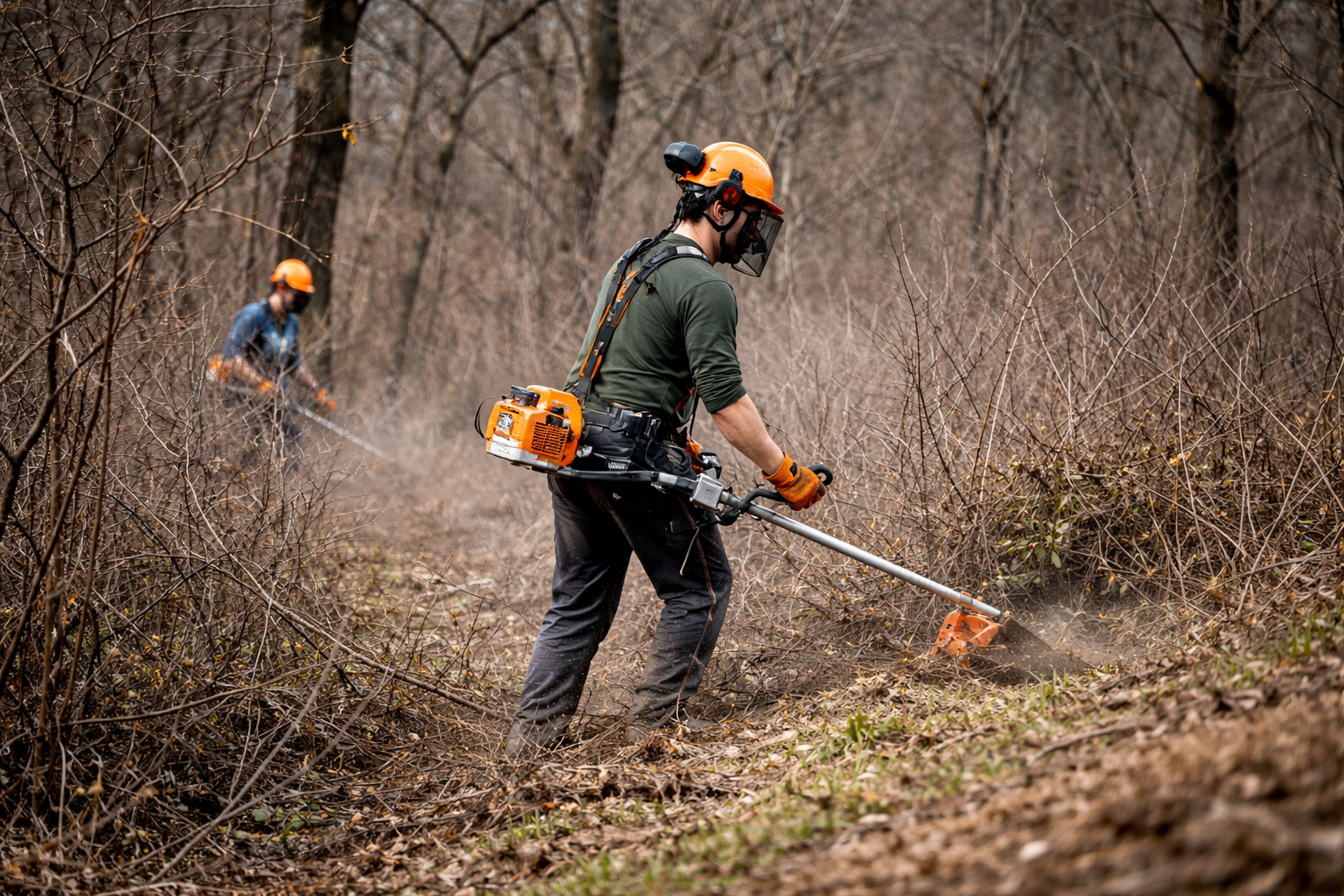 Two workers in hard hats and safety gear use brush cutters to clear dry, overgrown vegetation in a wooded area.