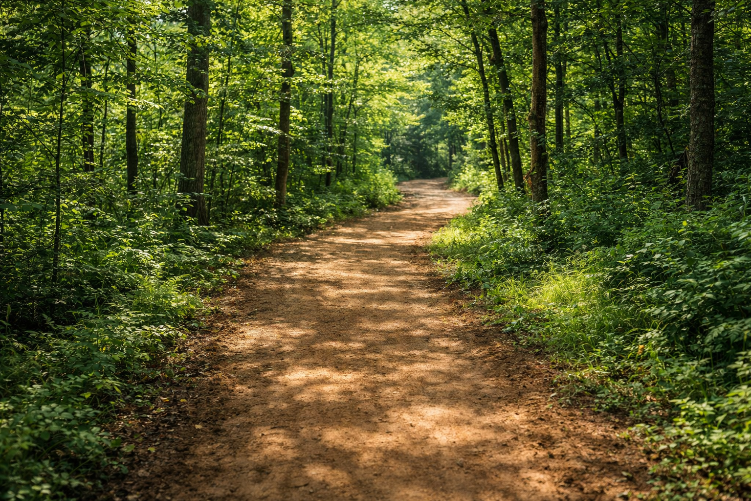 A sunlit dirt path winds through a lush, green forest with trees lining both sides.