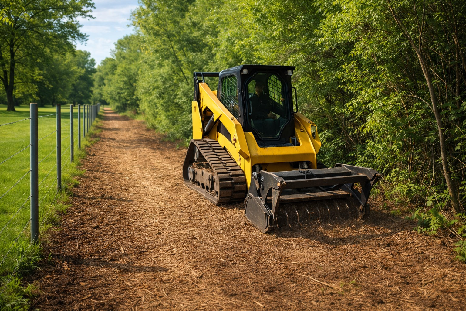A yellow tracked skid steer with a forestry mulcher attachment clearing brush along a fenced path in a wooded area.