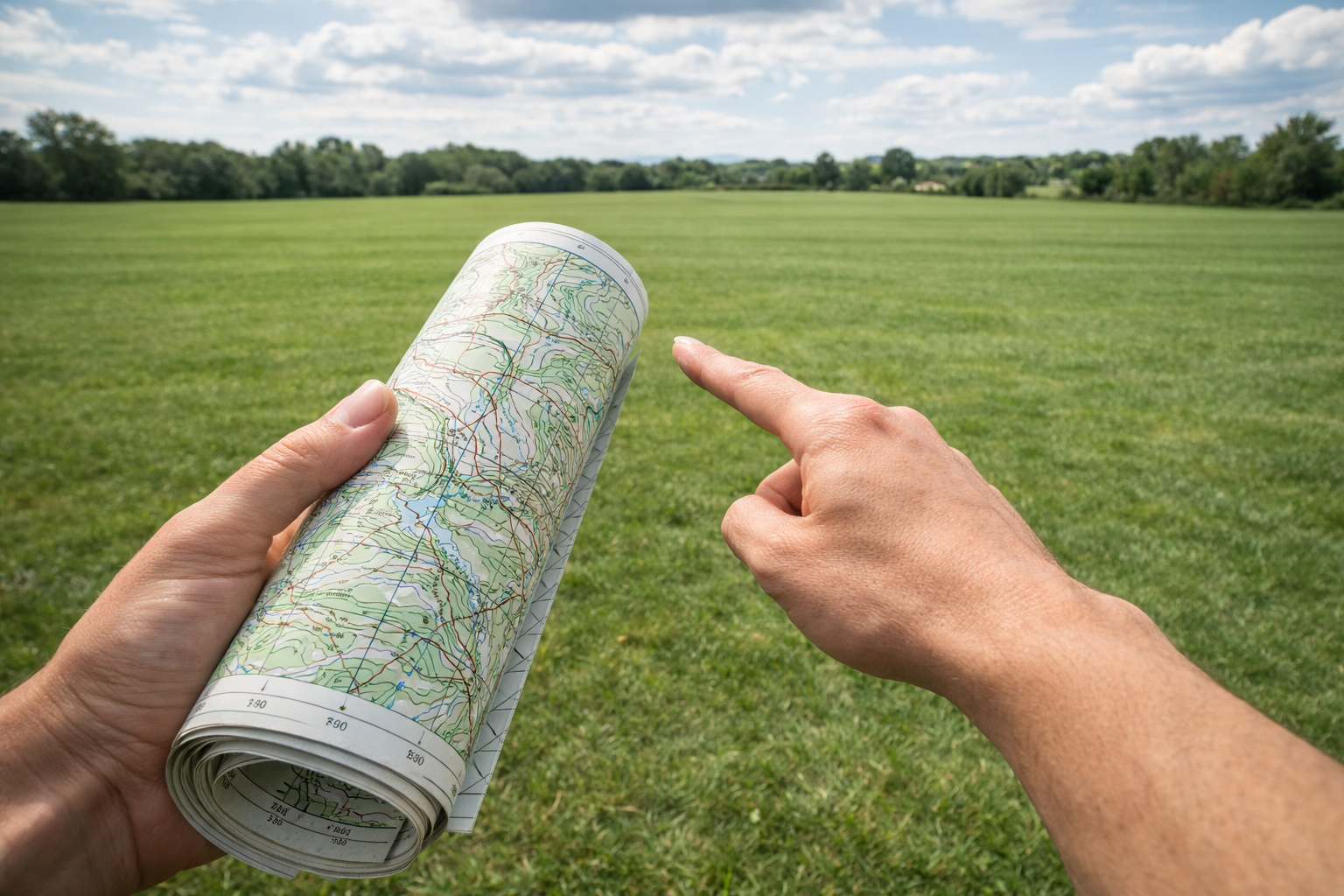 Hands hold a rolled-up paper map, with one finger pointing toward a grassy open field under a cloudy sky.