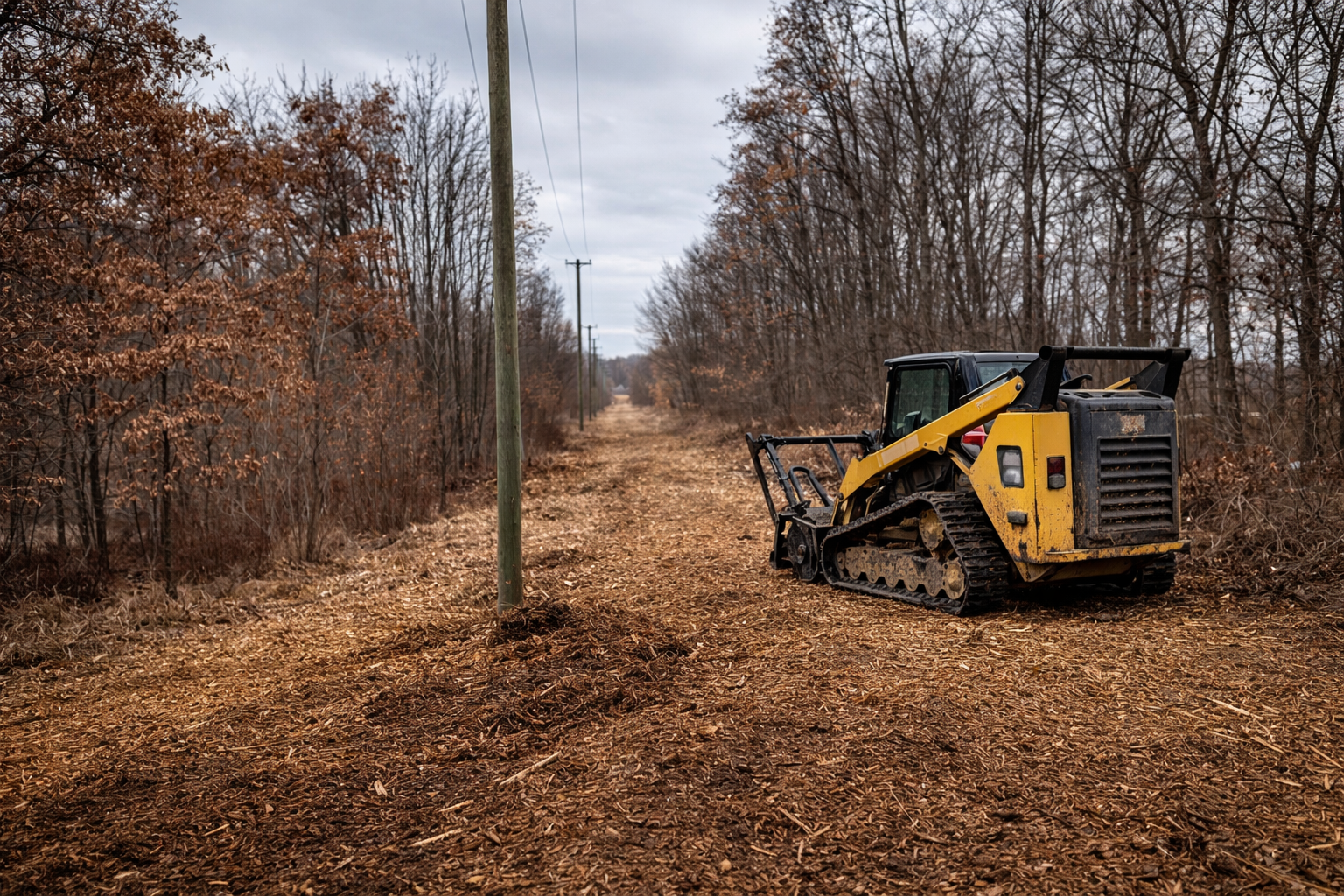 A yellow forestry mulcher sits on a path cleared through a wooded area under a utility pole.