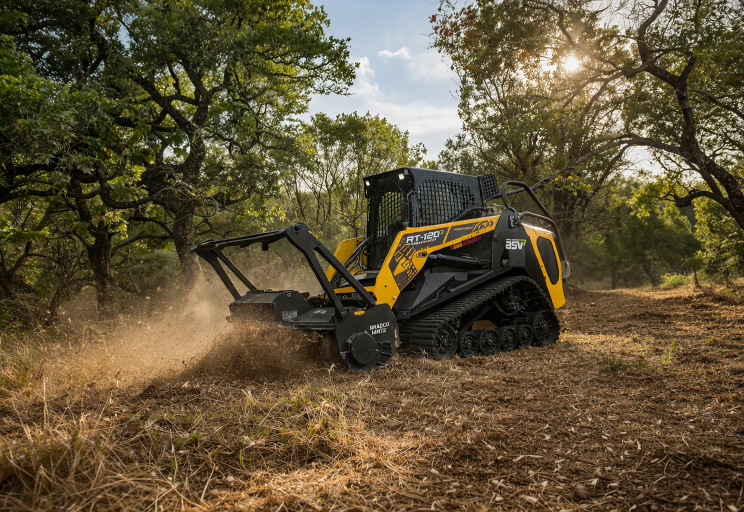 Yellow and black tracked mulcher operating in a wooded area, shredding vegetation and kicking up dust.
