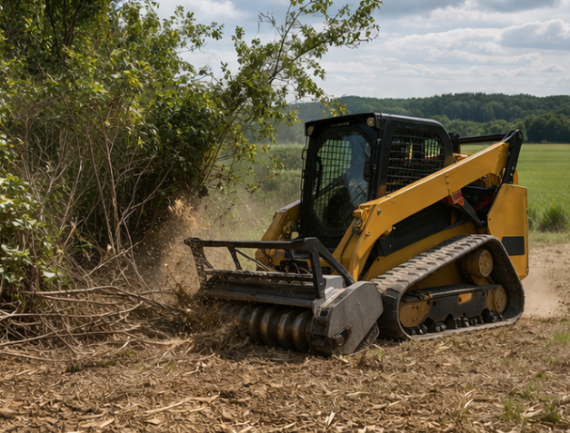 A yellow compact track loader with a forestry mulcher attachment clearing brush in a field.