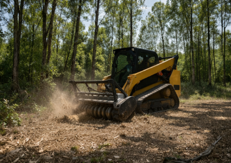 A yellow compact track loader with a forestry mulcher attachment clearing brush in a wooded area.