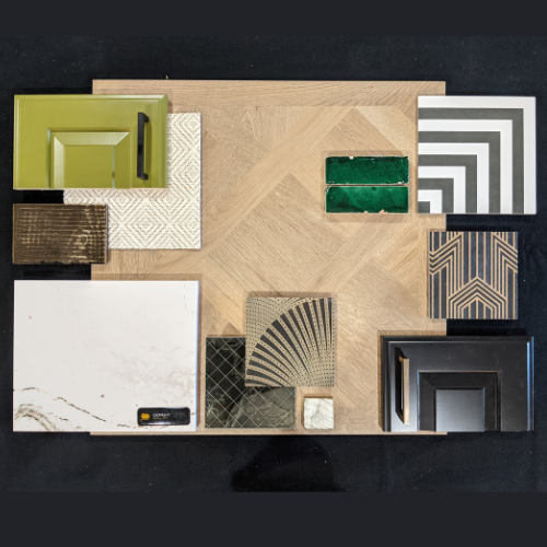 A collage of different types of tiles on a table