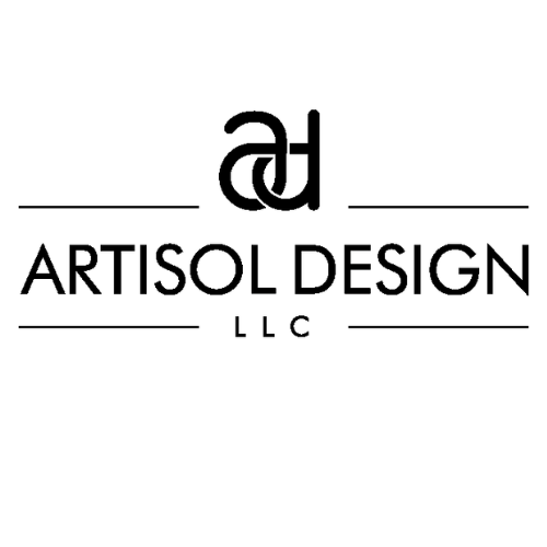 The logo for artisol design llc is black and white.