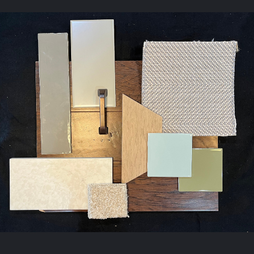 A collage of different colored tiles and pieces of wood
