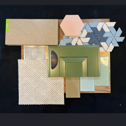 A collage of different types of tiles and cabinets