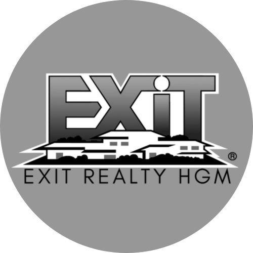 A black and white logo for exit realty hgm