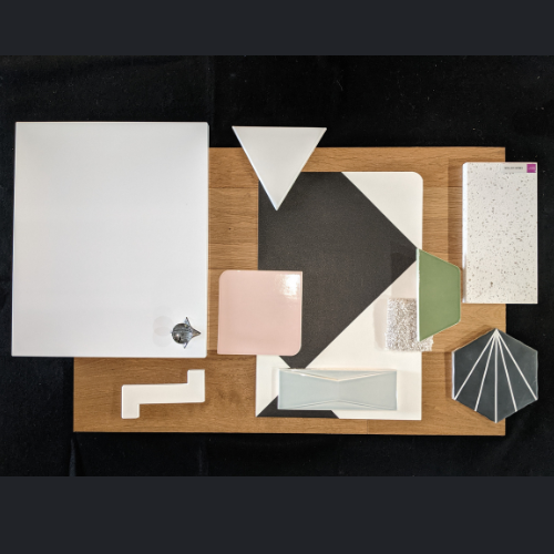A wooden board with various geometric shapes on it