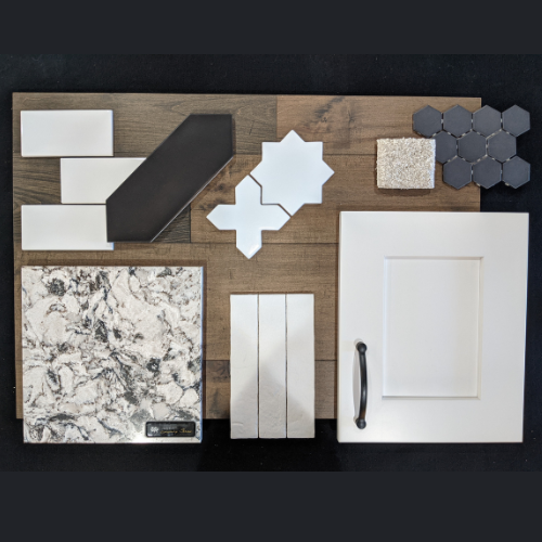 A palette of different types of tiles and cabinets