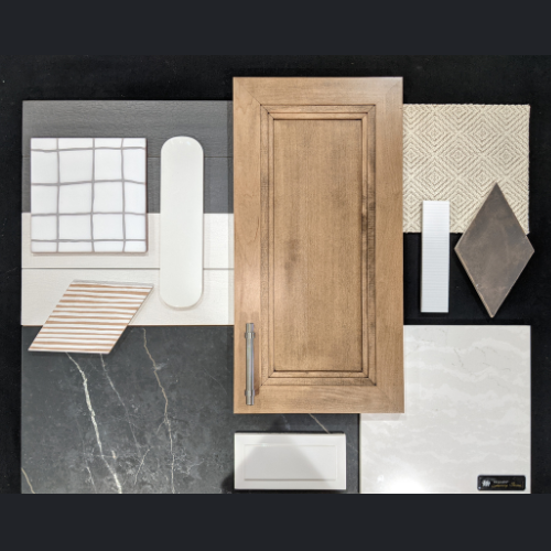A wooden cabinet is surrounded by different types of tiles.