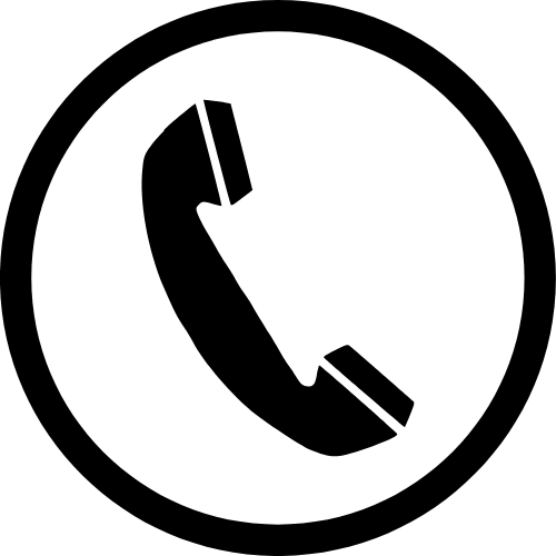 A black and white icon of a telephone in a circle.