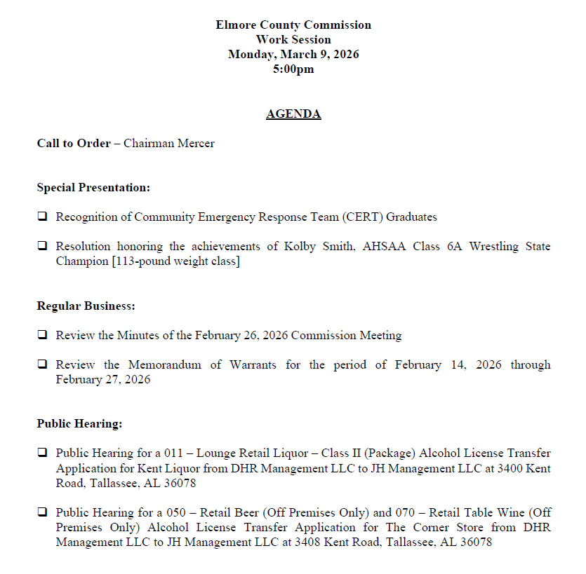 Agenda for the Elmore County Commission Work Session, Monday, March 9, 2026.