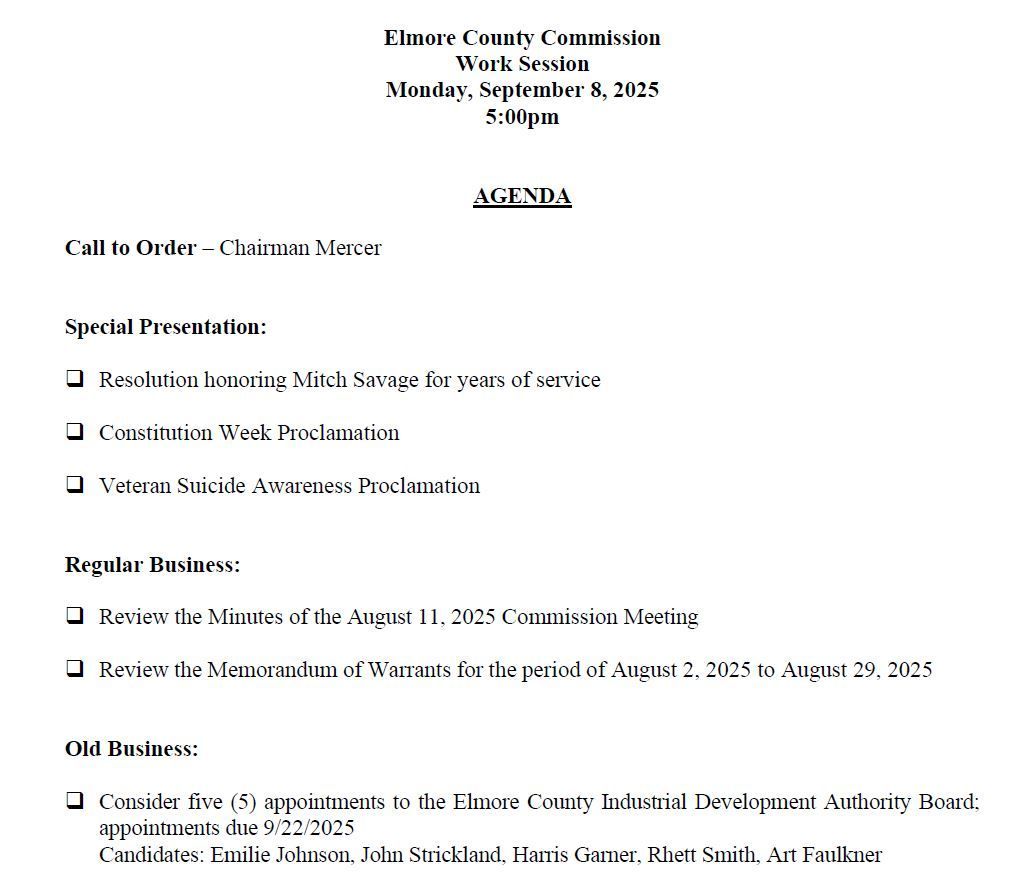 Agenda for Elmore County Commission Work Session on July 25, 2025. Includes special presentations, regular & old business, and new business items.