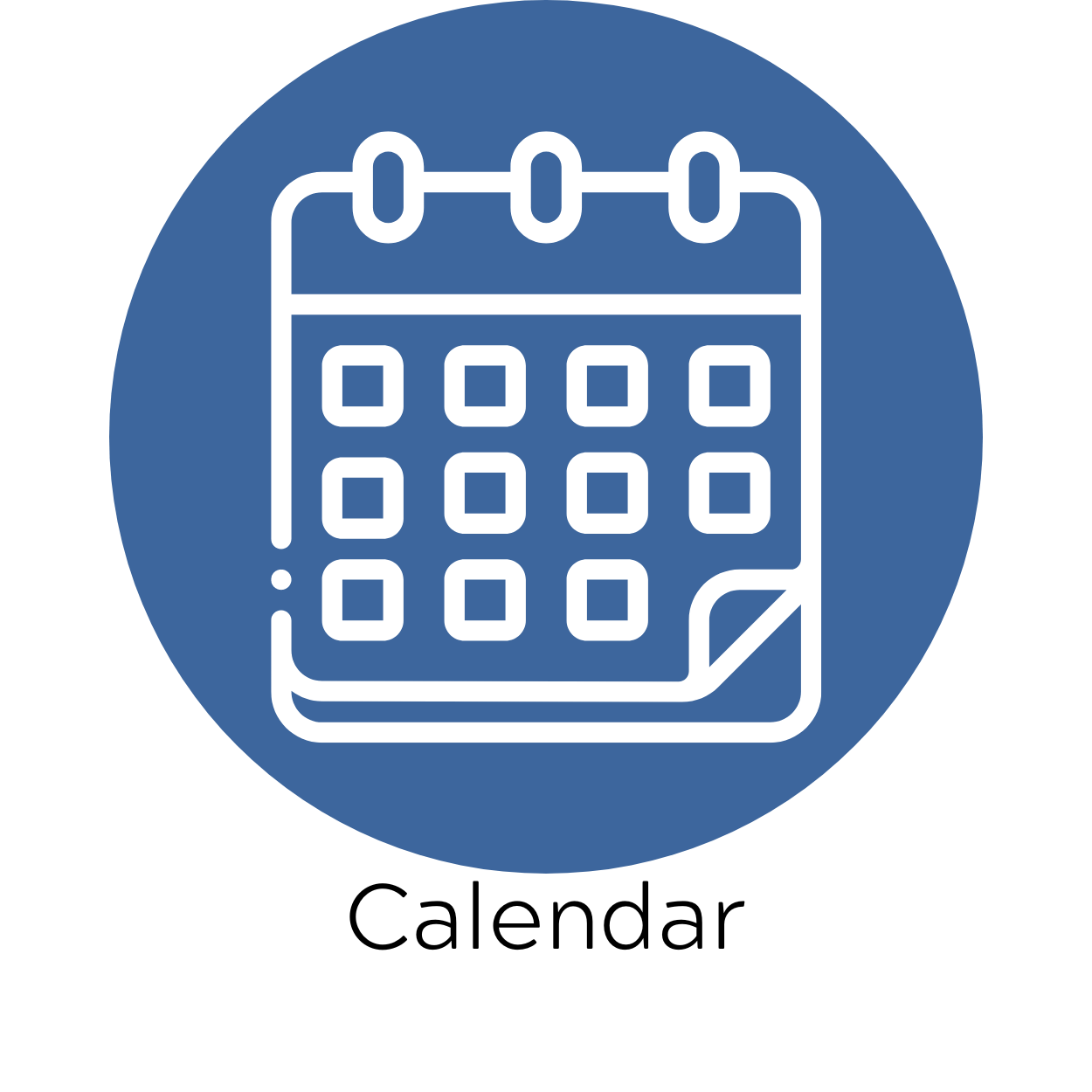 Calendar icon within a blue circle, with white outline of calendar, showing a grid of days.