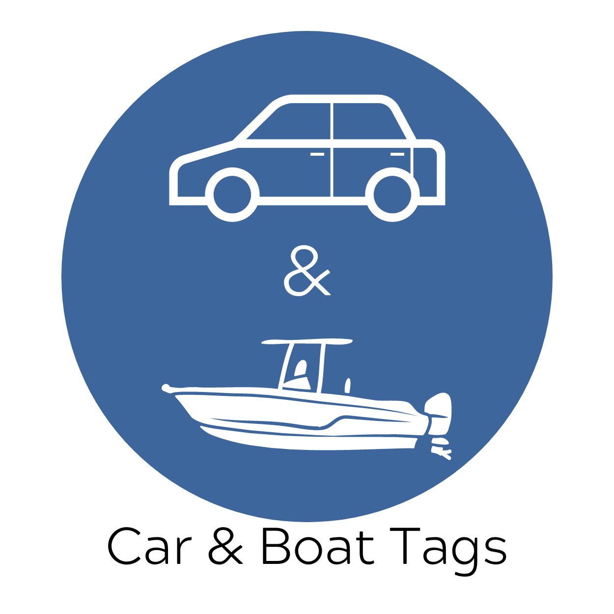 Blue circle with a car and a boat, text reads