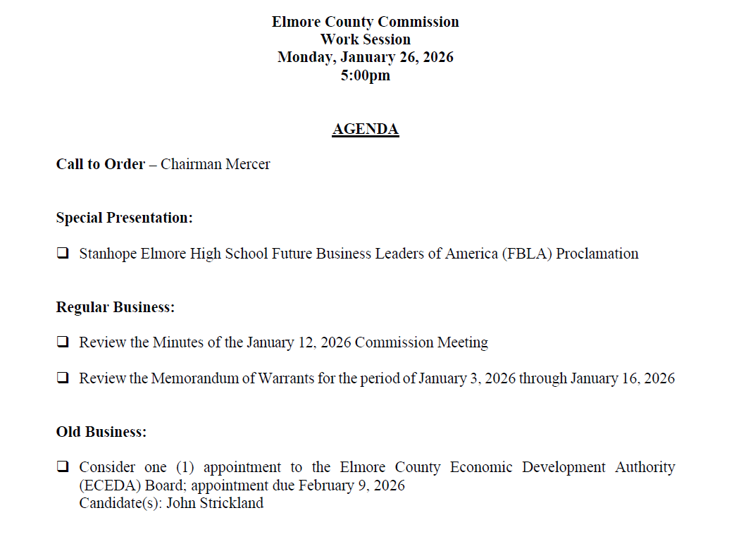 Agenda for the Elmore County Commission Work Session, Monday, October 27, 2025.