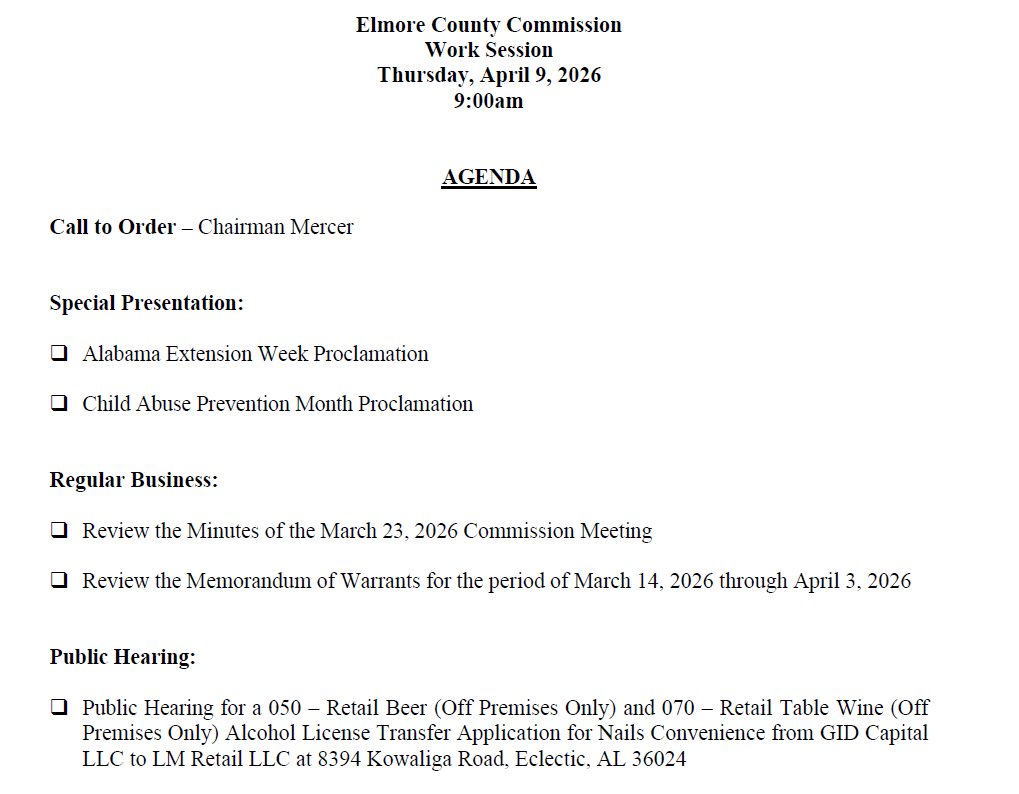 Agenda for the Elmore County Commission Work Session, Monday, March 23, 2026.