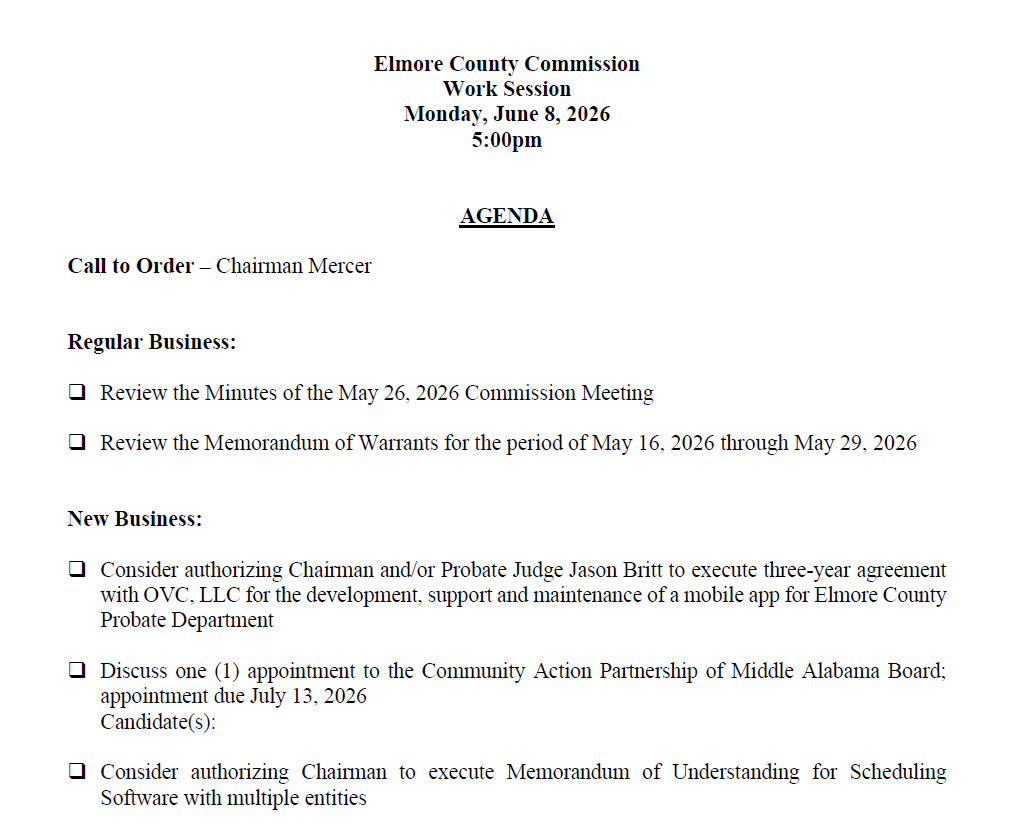 Agenda for the Elmore County Commission Work Session May 26, 2026.