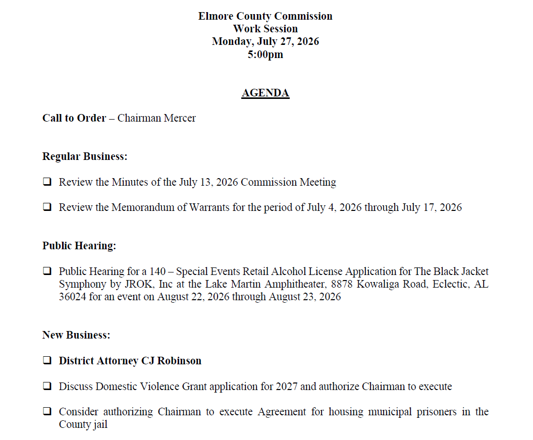 Agenda for the Elmore County Commission Work Session June 22, 2026.