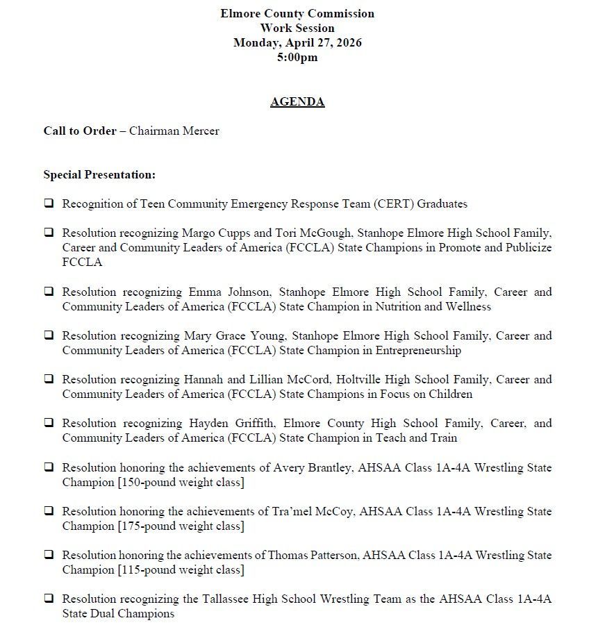 Agenda for the Elmore County Commission Work Session, Monday, April 27, 2026.