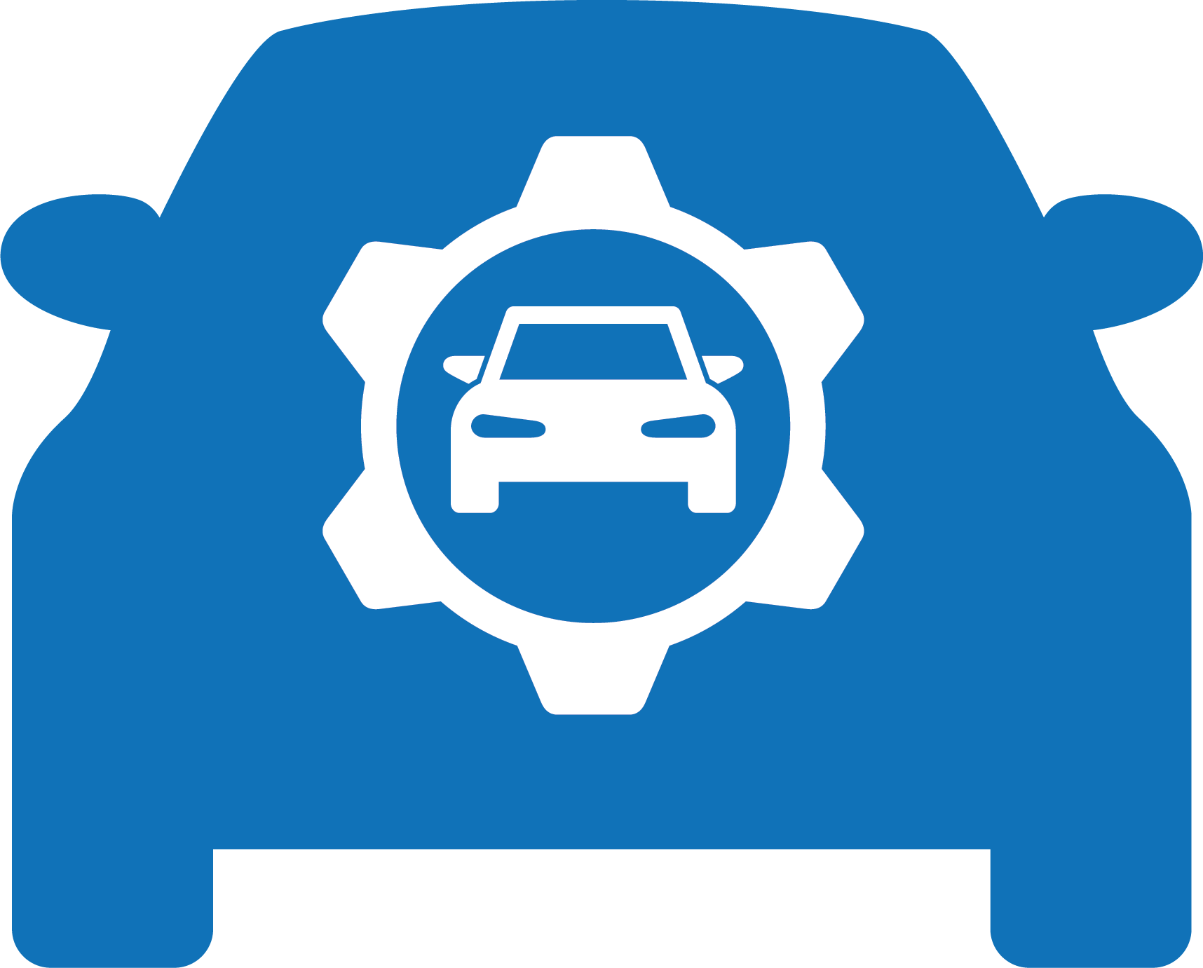 A blue car with a gear and a car inside of it.