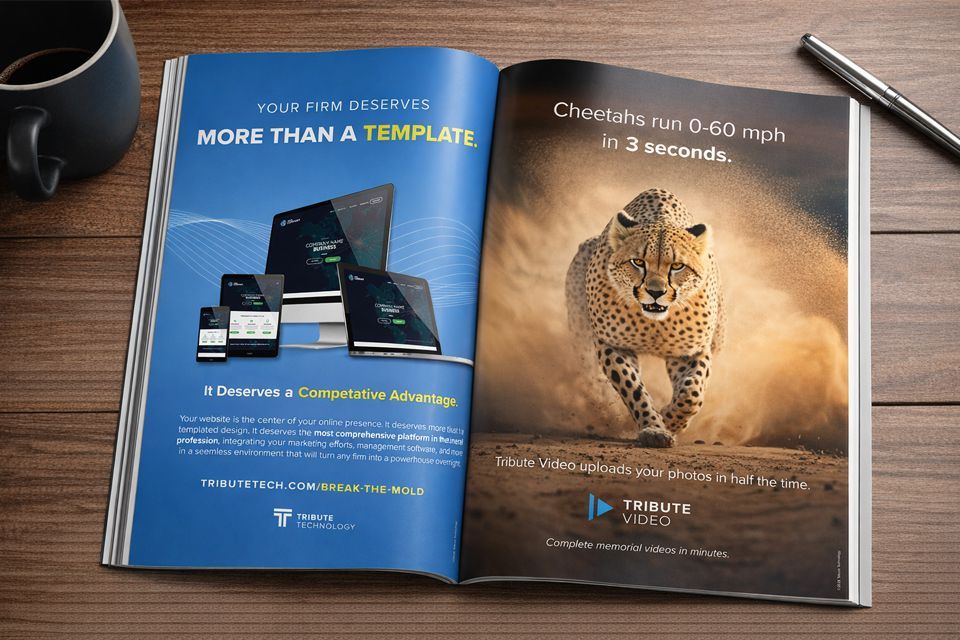 Magazine spread ad: Tech devices & cheetah running. Blue & brown colors. 