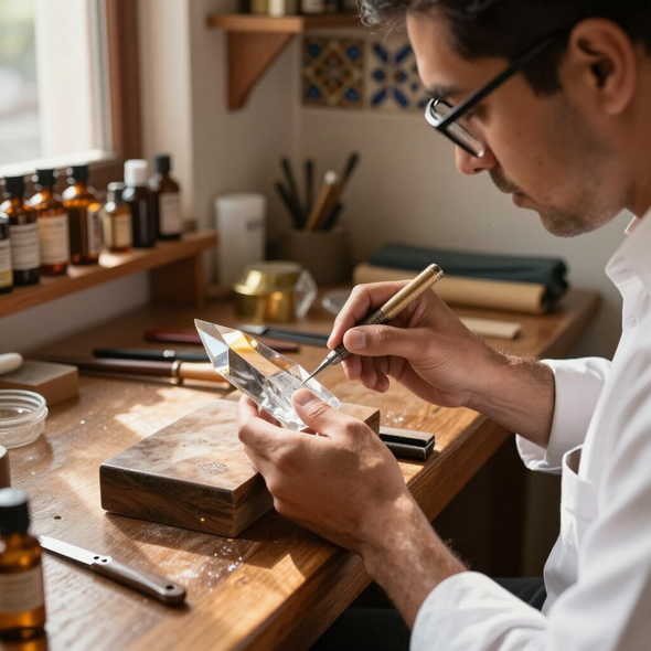 Artesano mexicano elaborando un reconocimiento de cristal