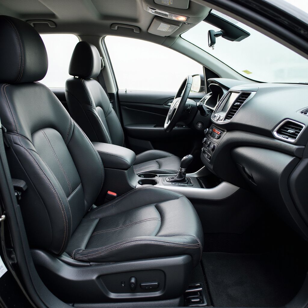 Interno in pelle nera di un'auto, con sedili del conducente e del passeggero, cruscotto e volante.