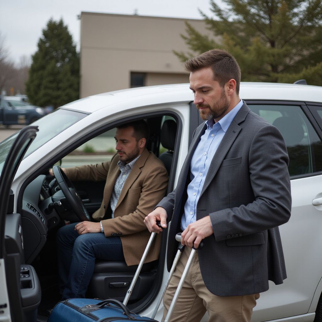 Due uomini con i bagagli salgono su un'auto bianca fuori da un edificio. Uno è alla guida, l'altro è in piedi.