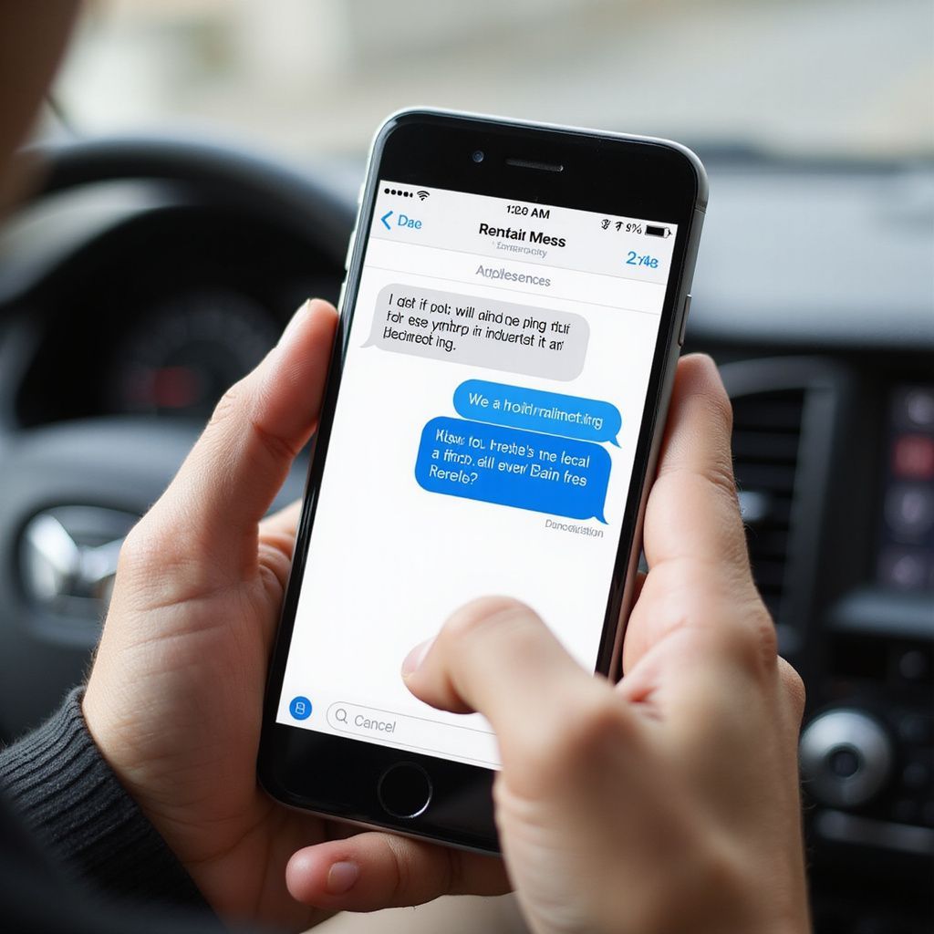 Una persona che invia messaggi di testo su uno smartphone mentre guida, concentrandosi sul telefono che visualizza una conversazione di testo.