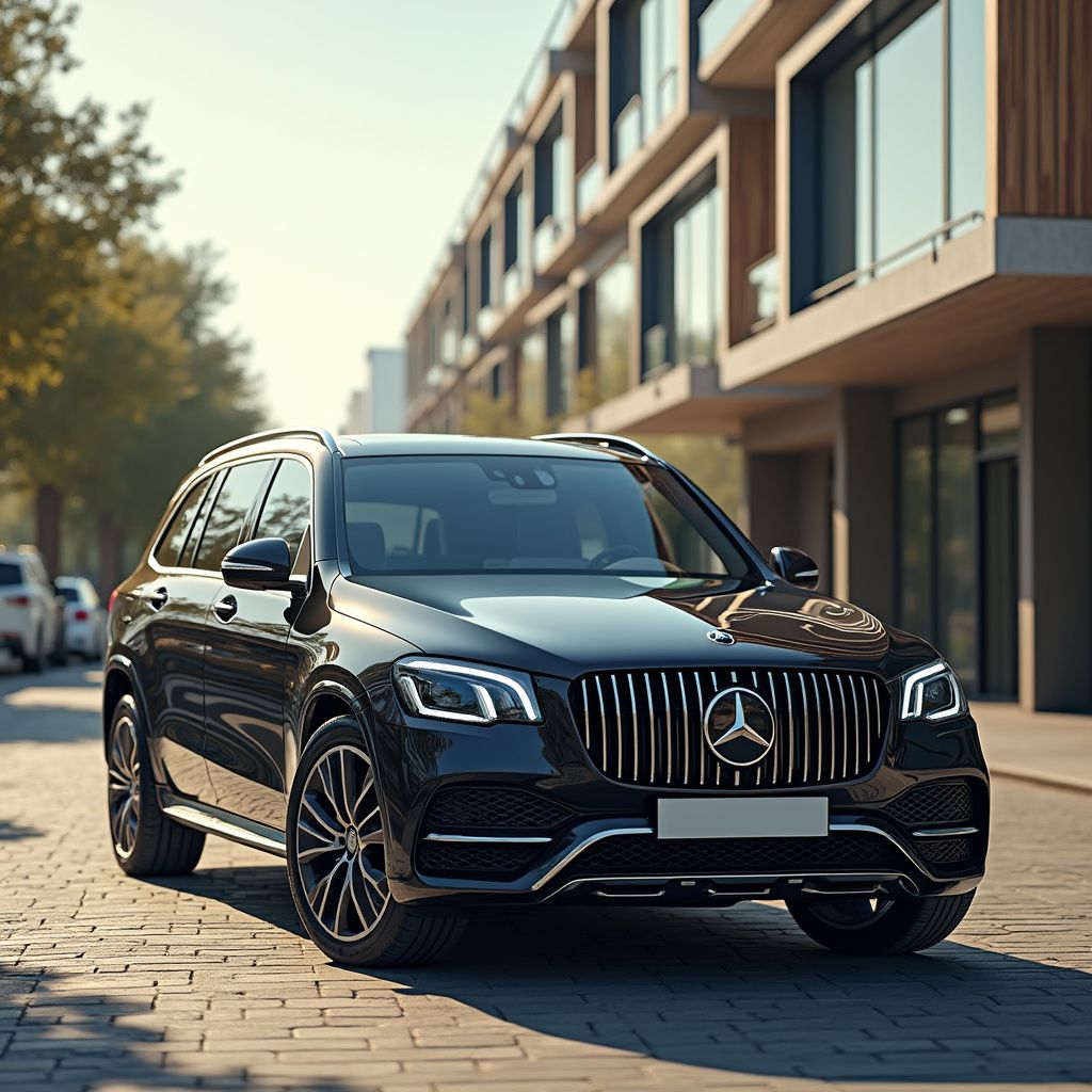 Un SUV Mercedes nero parcheggiato su una strada acciottolata di fronte a un edificio moderno.