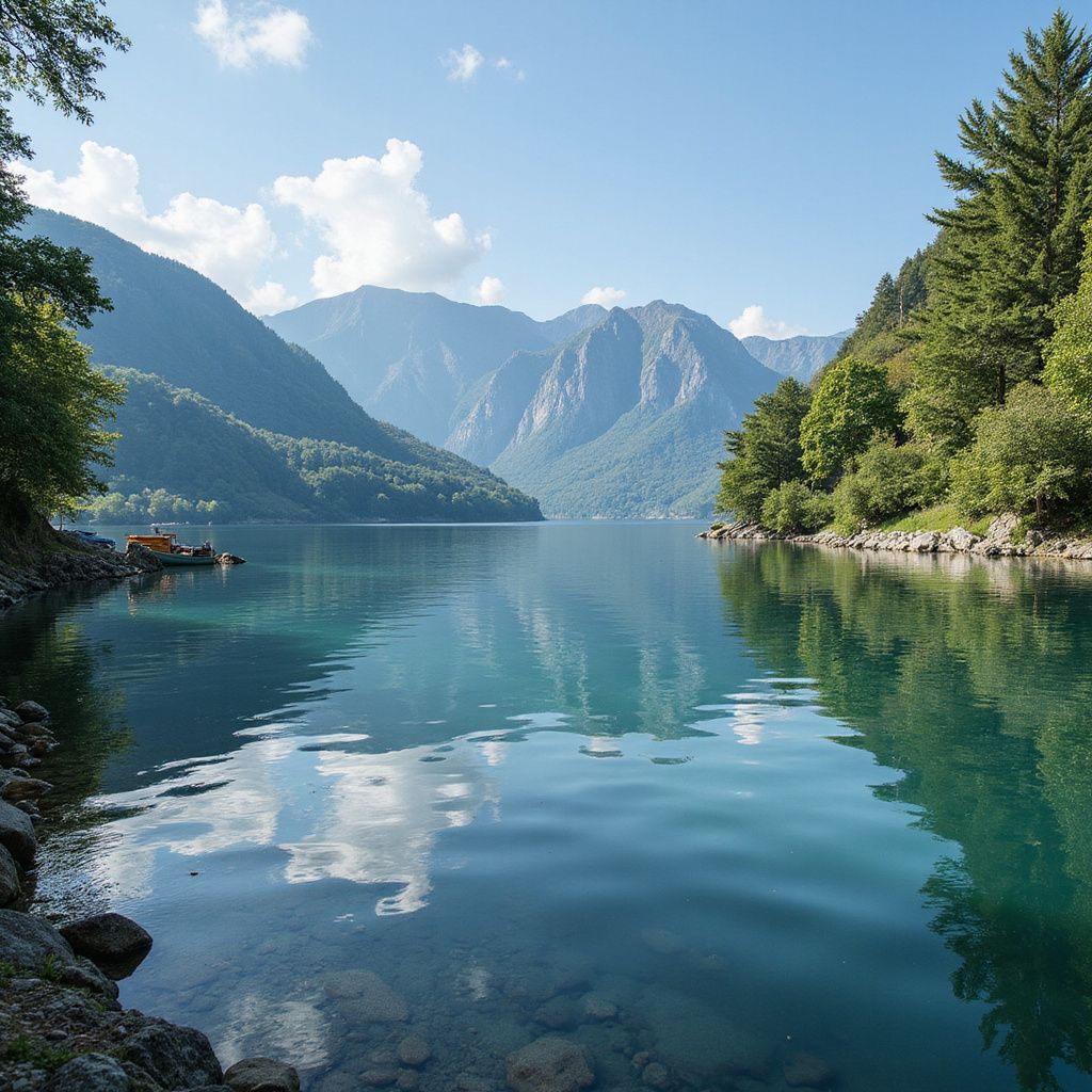Lago tranquillo circondato da montagne e alberi in una giornata di sole.