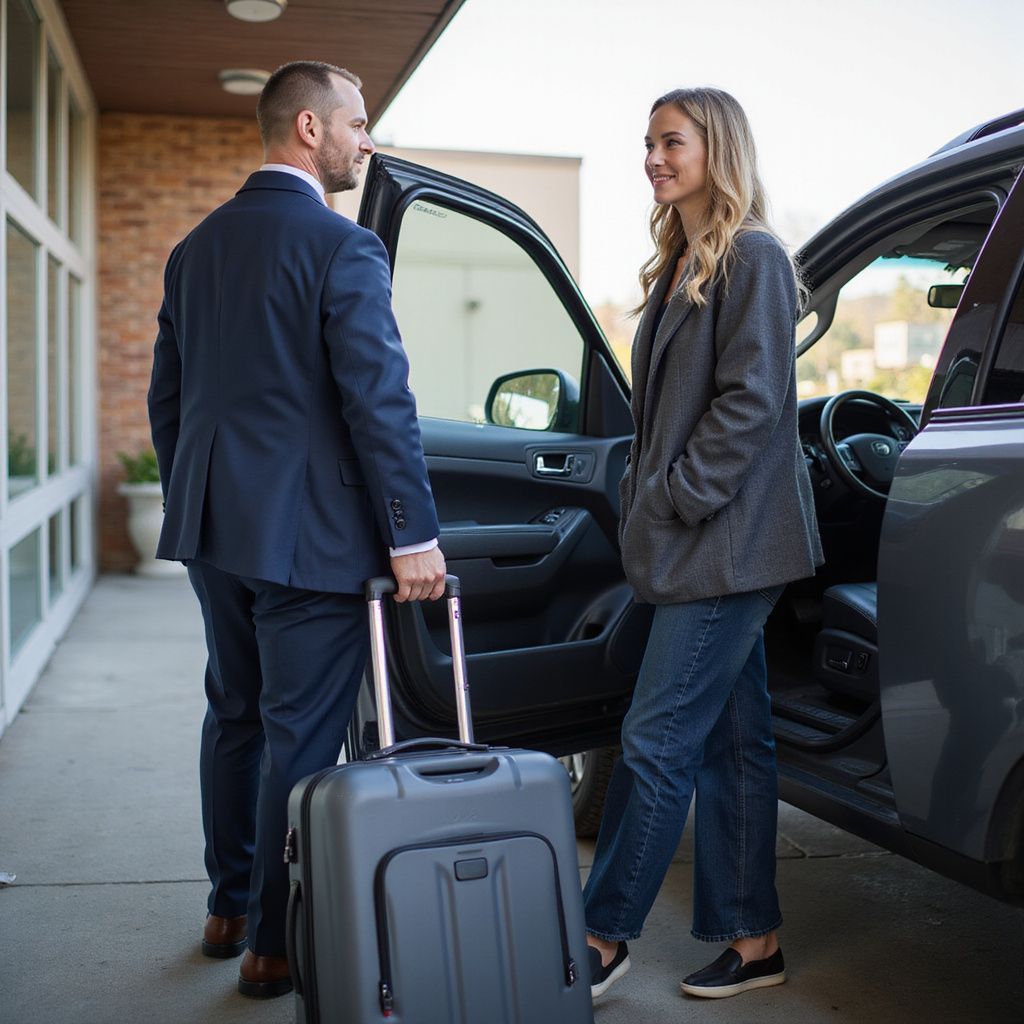 Un uomo in giacca e cravatta con la valigia aiuta una donna a salire in macchina. Ambiente alberghiero.
