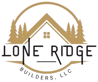 Logo for Lone Ridge Builders, LLC: a golden house outline and pine trees inside a circle, over black text.