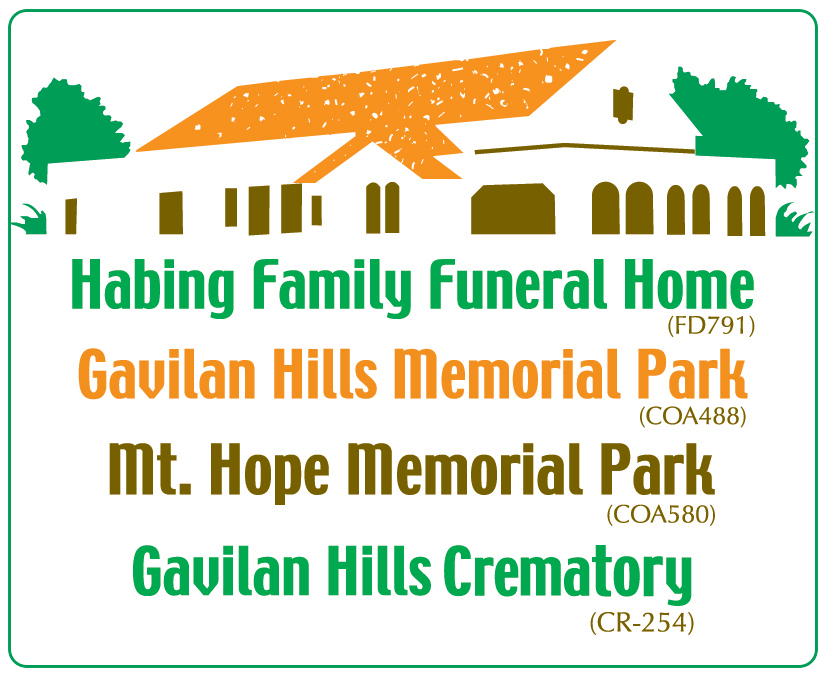 Logo for Habing Family Funeral Home and Memorial Parks. Includes building graphic, text, and associated numbers.