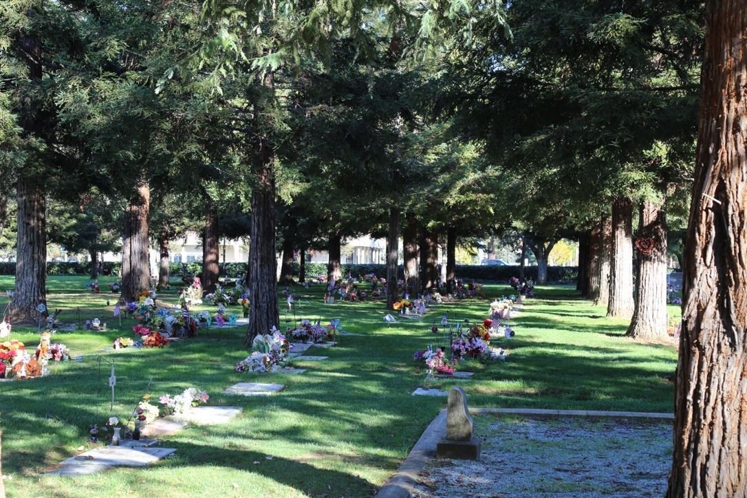 Graveyard with gravestones, flowers, and trees on a sunny day.