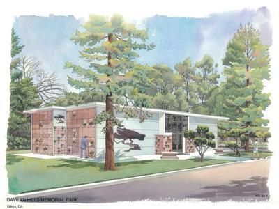 Rendering of Gavilan Hills Memorial Park: Modern building with niches, trees, and a person walking.