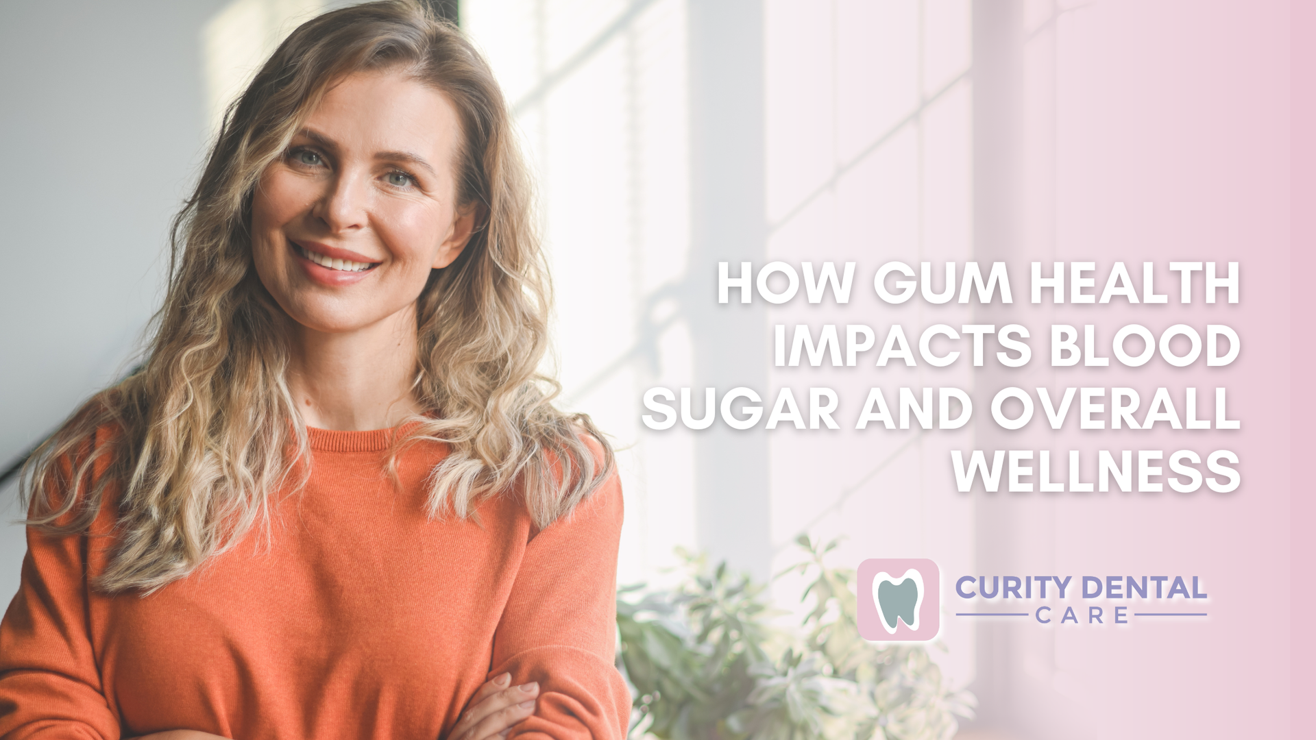 Woman smiling; text: